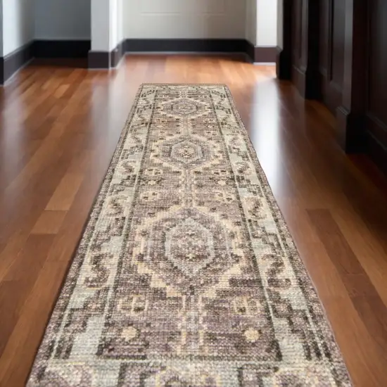 12' Ivory Gray and Brown Wool Geometric Hand Knotted Runner Rug With Fringe Photo 1