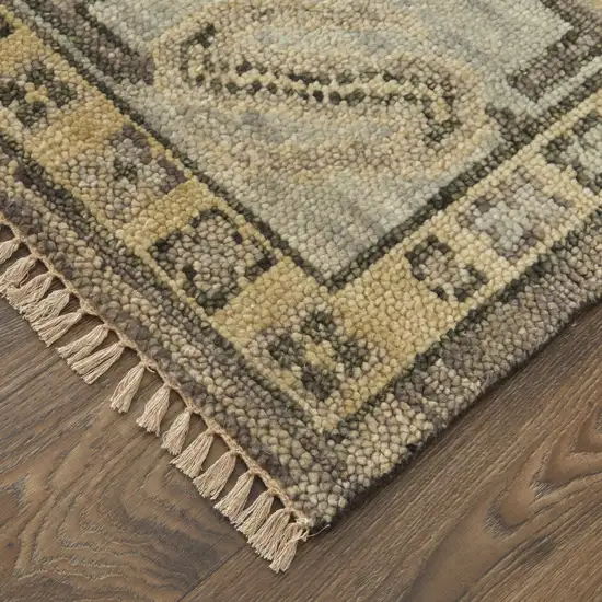 12' Ivory Gray and Brown Wool Geometric Hand Knotted Runner Rug With Fringe Photo 5