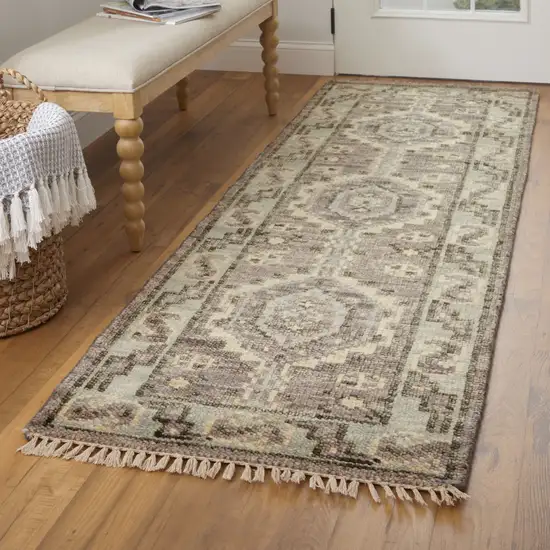 12' Ivory Gray and Brown Wool Geometric Hand Knotted Runner Rug With Fringe Photo 4