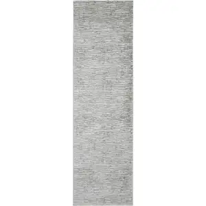 Photo of 8' Ivory Gray and Green Abstract Power Loom Worn Faded Runner Rug