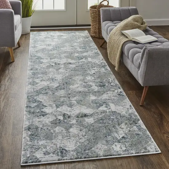 8' Ivory Gray and Green Abstract Power Loom Worn Faded Runner Rug Photo 4