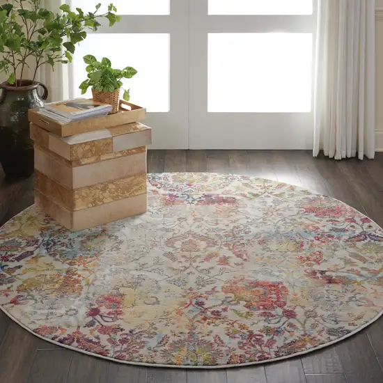 6' Ivory Gray and Orange Floral Distressed Non Skid Round Rug Photo 9