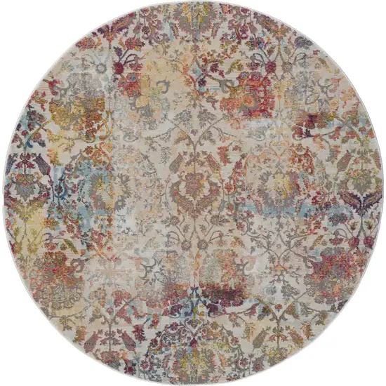 6' Ivory Gray and Orange Floral Distressed Non Skid Round Rug Photo 4