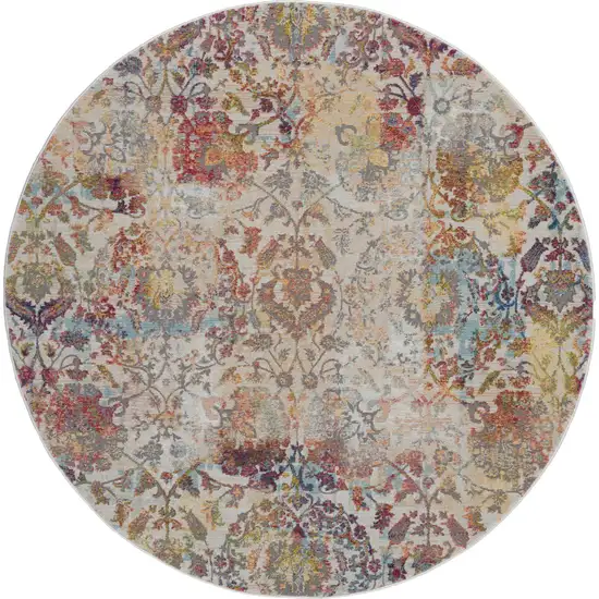 6' Ivory Gray and Orange Floral Distressed Non Skid Round Rug Photo 2