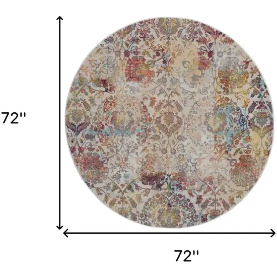 6' Ivory Gray and Orange Floral Distressed Non Skid Round Rug Photo 3