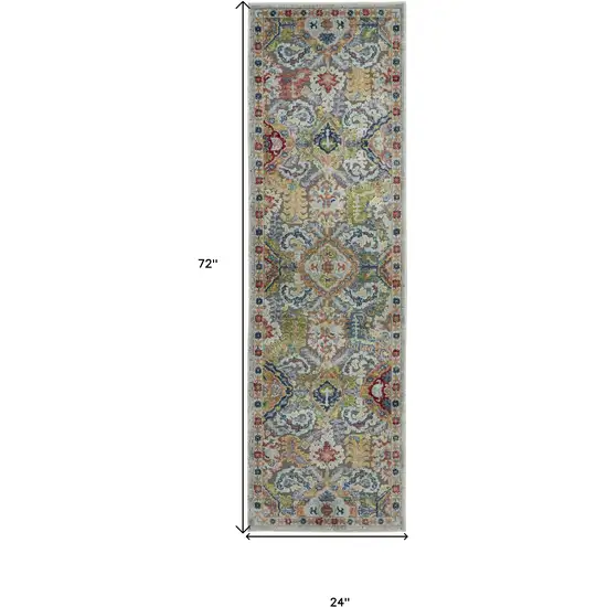 6' Ivory Gray and Orange Floral Distressed Non Skid Runner Rug Photo 3