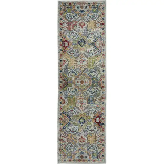 6' Ivory Gray and Orange Floral Distressed Non Skid Runner Rug Photo 2