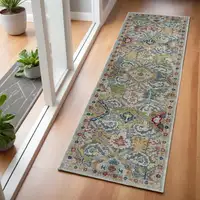 Photo of 6' Ivory Gray and Orange Floral Distressed Non Skid Runner Rug