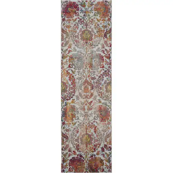 8' Ivory Gray and Orange Floral Distressed Non Skid Runner Rug Photo 5