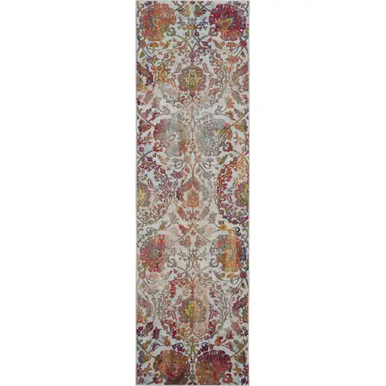 8' Ivory Gray and Orange Floral Distressed Non Skid Runner Rug Photo 2