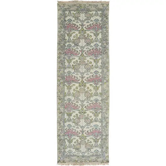 8' Ivory Gray and Pink Wool Floral Hand Knotted Runner Rug Photo 2