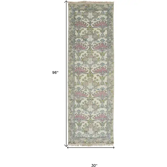 8' Ivory Gray and Pink Wool Floral Hand Knotted Runner Rug Photo 3