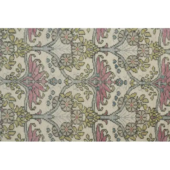 8' Ivory Gray and Pink Wool Floral Hand Knotted Runner Rug Photo 8