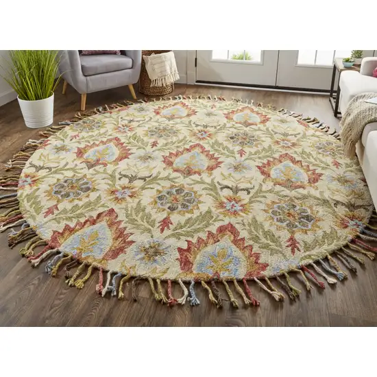 8' Ivory Green And Orange Round Wool Paisley Tufted Handmade Stain Resistant Area Rug With Fringe Photo 3