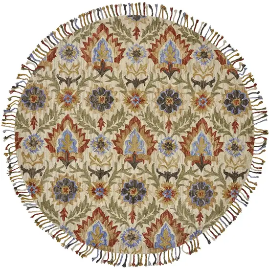 8' Ivory Green And Orange Round Wool Paisley Tufted Handmade Stain Resistant Area Rug With Fringe Photo 1