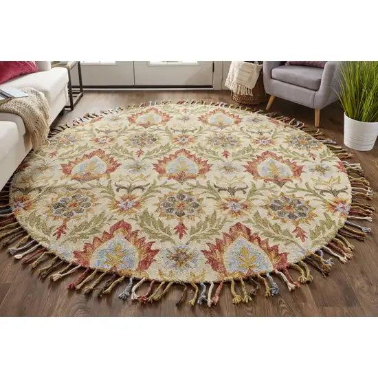 8' Ivory Green And Orange Round Wool Paisley Tufted Handmade Stain Resistant Area Rug With Fringe Photo 4