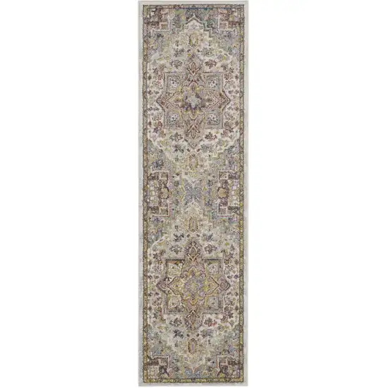 8' Ivory Green and Gray Floral Runner Rug Photo 2