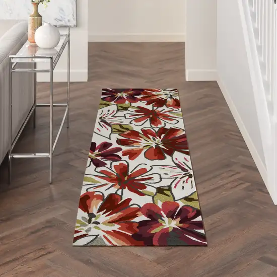 8' Ivory Green and Red Botanical Leaves Hand Carved Handmade Runner Rug Photo 7