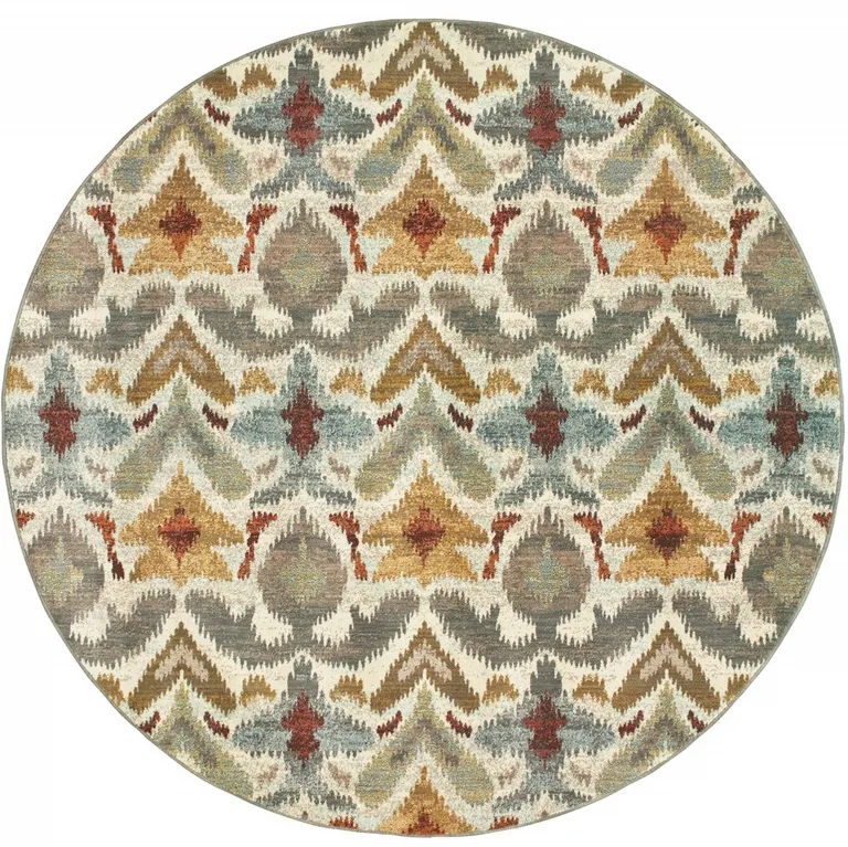 8' Ivory Grey Rust Gold And Blue Round Abstract Power Loom Stain Resistant Area Rug Photo 4