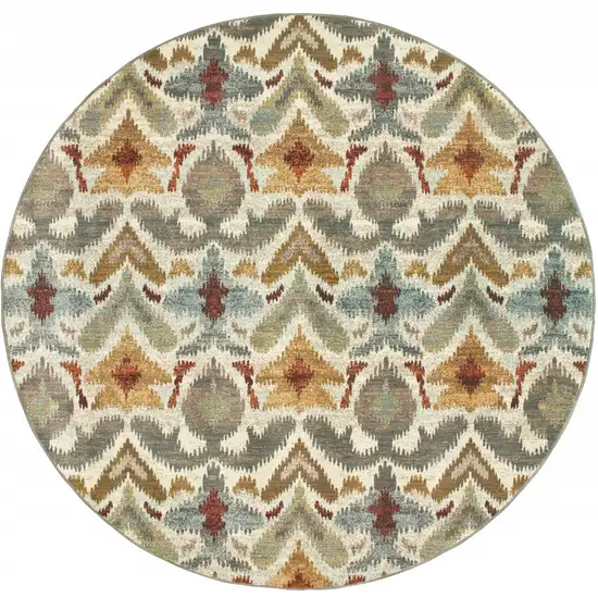 8' Ivory Grey Rust Gold And Blue Round Abstract Power Loom Stain Resistant Area Rug Photo 4