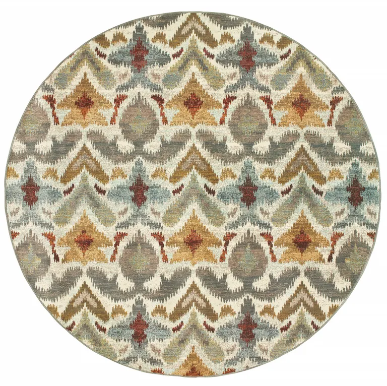 8' Ivory Grey Rust Gold And Blue Round Abstract Power Loom Stain Resistant Area Rug Photo 1