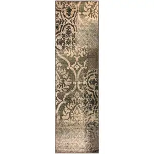 Photo of 8' Ivory Light Blue Damask Distressed Stain Resistant Runner Rug