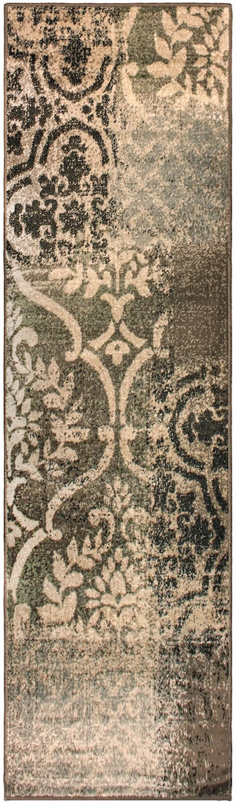 8' Ivory Light Blue Damask Distressed Stain Resistant Runner Rug Photo 1