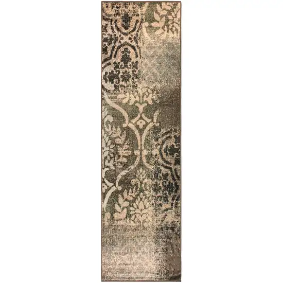 8' Ivory Light Blue Damask Distressed Stain Resistant Runner Rug Photo 1