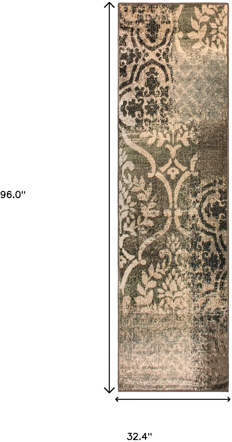 8' Ivory Light Blue Damask Distressed Stain Resistant Runner Rug Photo 4