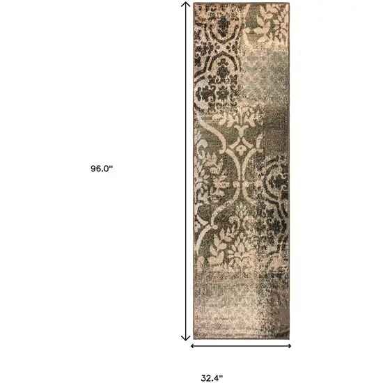 8' Ivory Light Blue Damask Distressed Stain Resistant Runner Rug Photo 4