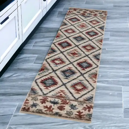 8' Ivory Machine Woven Geometric Lodge Indoor Runner Rug Photo 2