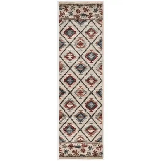 8' Ivory Machine Woven Geometric Lodge Indoor Runner Rug Photo 1