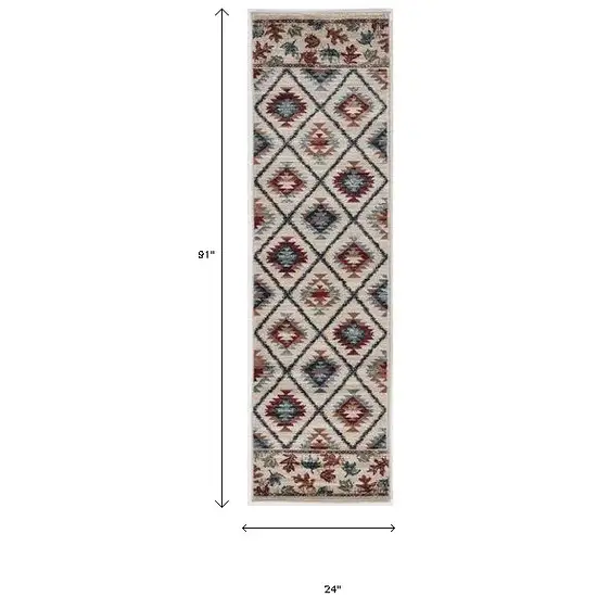 8' Ivory Machine Woven Geometric Lodge Indoor Runner Rug Photo 5