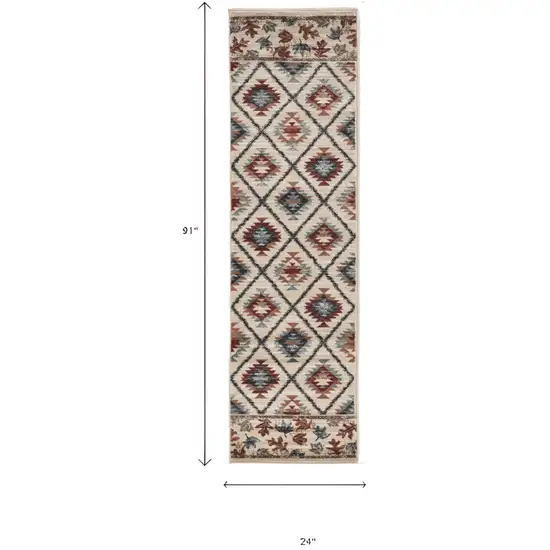 8' Ivory Machine Woven Geometric Lodge Indoor Runner Rug Photo 4