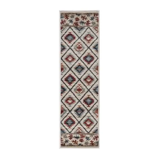 8' Ivory Machine Woven Geometric Lodge Indoor Runner Rug Photo 1