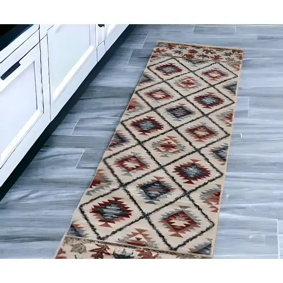 8' Ivory Machine Woven Geometric Lodge Indoor Runner Rug Photo 2