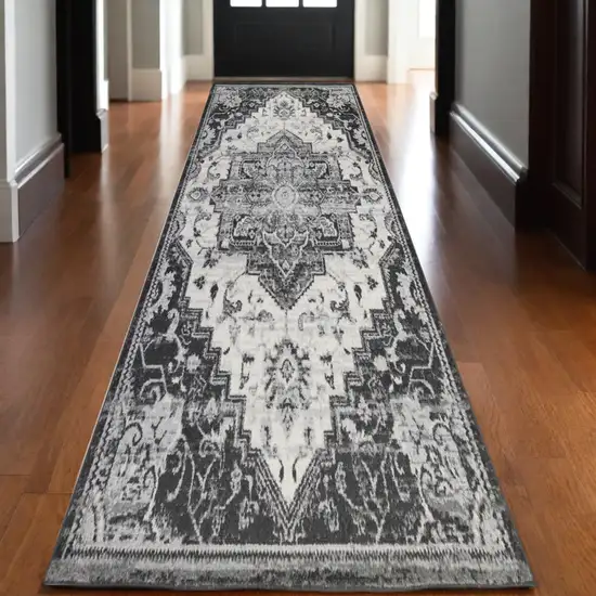 10' Ivory Black and Gray Medallion Power Loom Runner Rug Photo 1