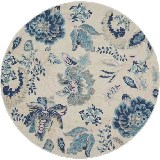 5' Ivory Navy Blue And Light Blue Floral Round Rug Photo 2