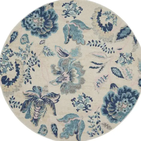 5' Ivory Navy Blue And Light Blue Floral Round Rug Photo 9