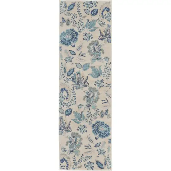 7' Ivory Navy Blue And Light Blue Floral Runner Rug Photo 2