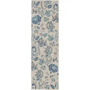 Photo of 7' Ivory Navy Blue And Light Blue Floral Runner Rug