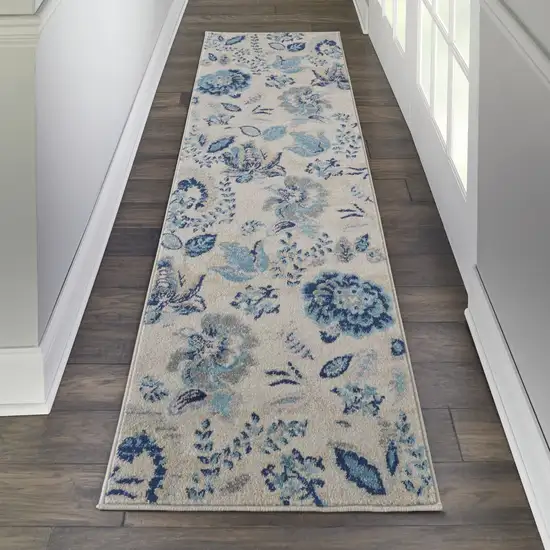 7' Ivory Navy Blue And Light Blue Floral Runner Rug Photo 7