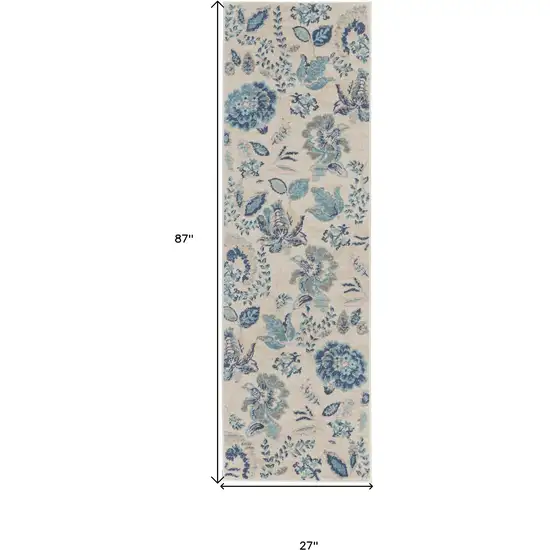 7' Ivory Navy Blue And Light Blue Floral Runner Rug Photo 3