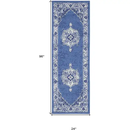 8' Ivory Navy Blue and Beige Floral Medallion Distressed Non Skid Runner Rug Photo 3