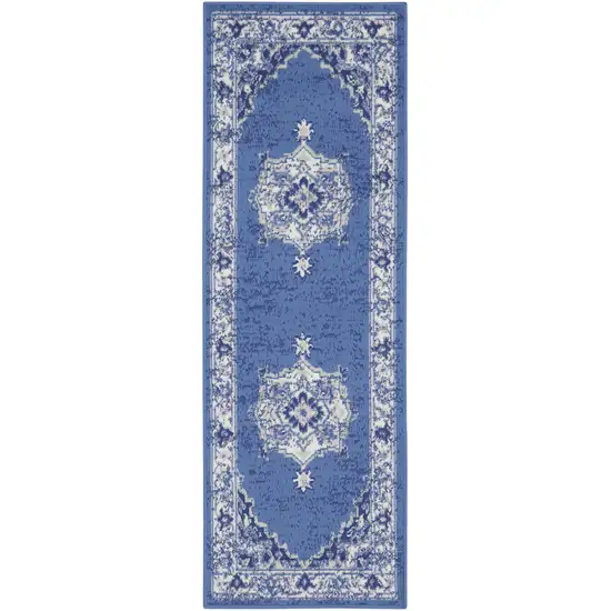 8' Ivory Navy Blue and Beige Floral Medallion Distressed Non Skid Runner Rug Photo 2