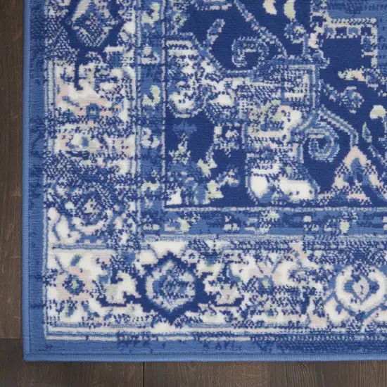 8' Ivory Navy Blue and Beige Floral Medallion Distressed Non Skid Runner Rug Photo 4