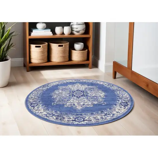 5' Ivory Navy Blue and Beige Floral Medallion Round Rug Photo 1