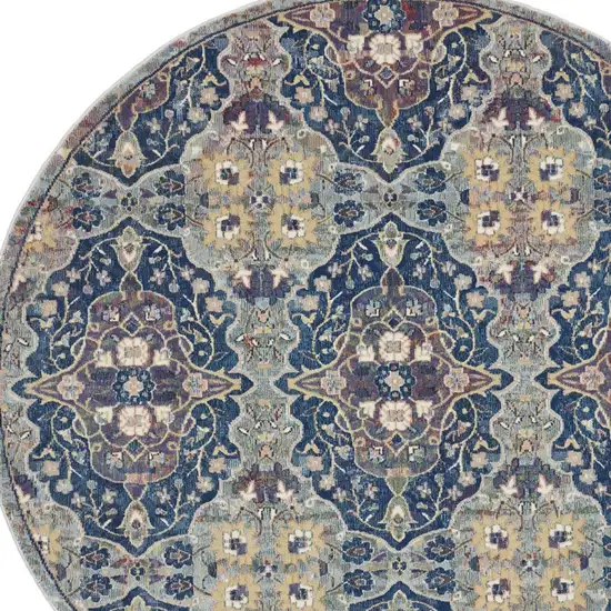 6' Ivory Navy Blue and Yellow Floral Distressed Non Skid Round Rug Photo 8