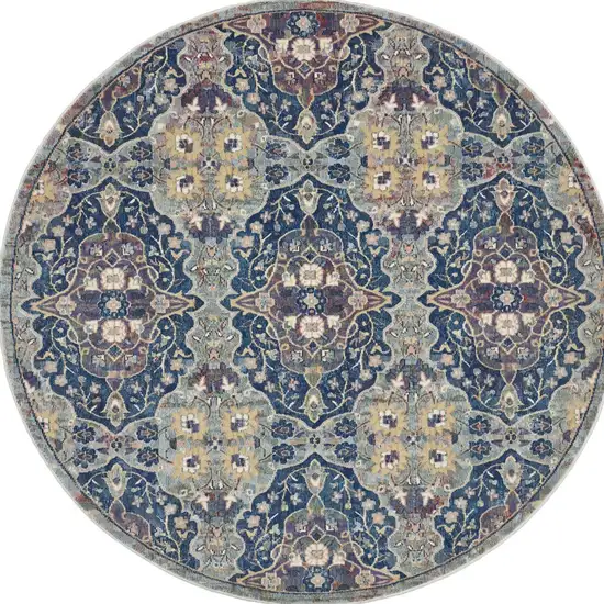 6' Ivory Navy Blue and Yellow Floral Distressed Non Skid Round Rug Photo 9