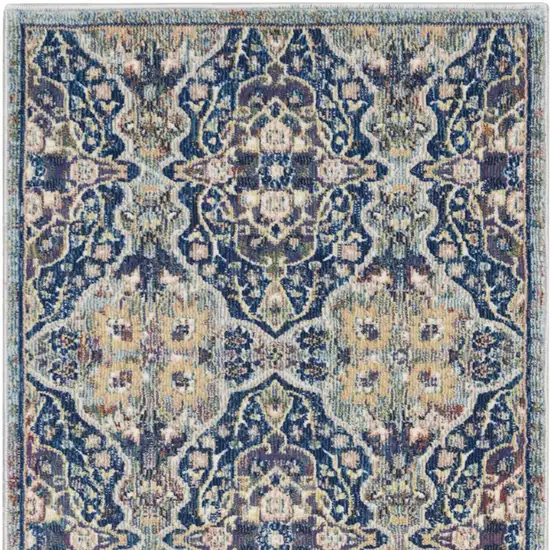 6' Ivory Navy Blue and Yellow Floral Distressed Non Skid Runner Rug Photo 9